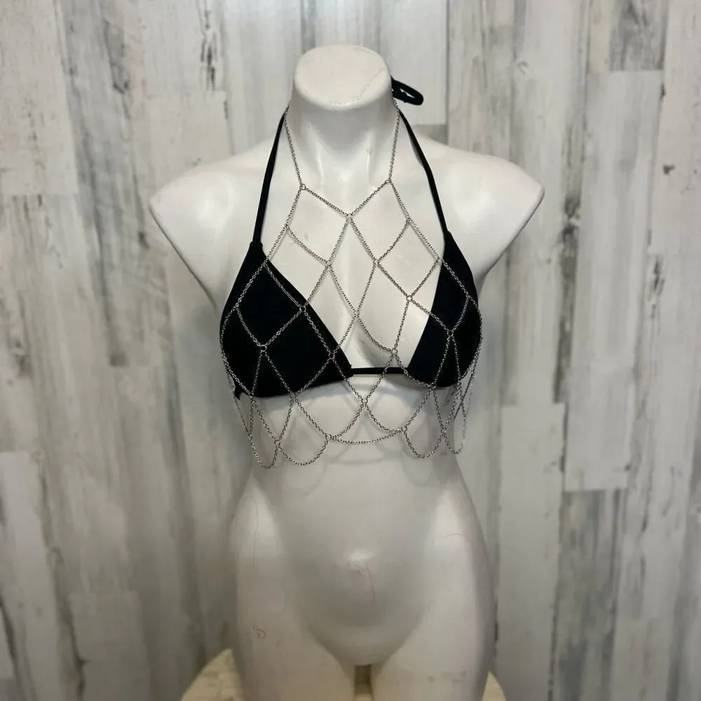 Black Triangle Bikini Top Silver Chain Body Jewelry Festival Rave Top Small